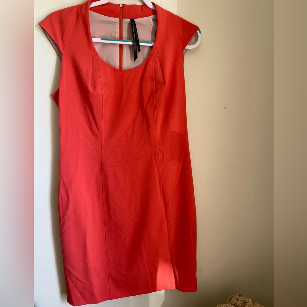 Andrew Marc Sleek New York Coral Cap Sleeve Scoop Neck Dress